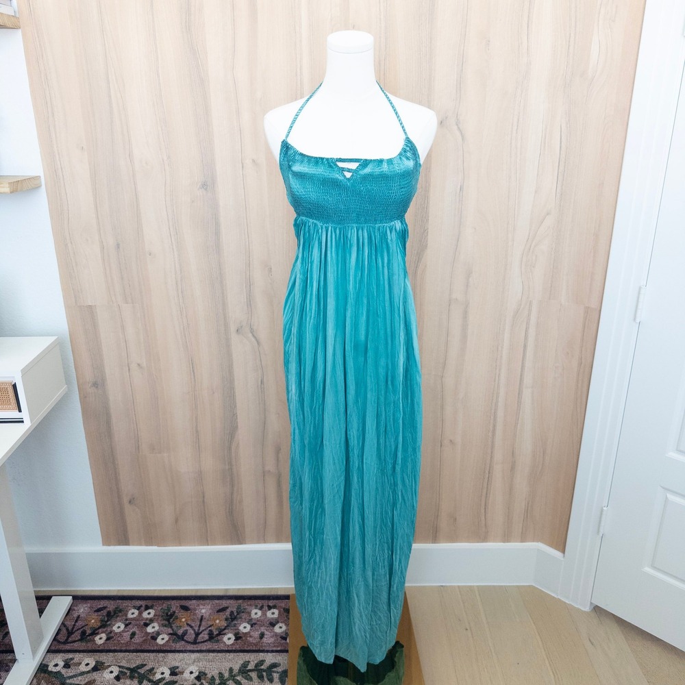Boho Me Maxi Dress S Teal Tie Dye Halter Smocked Backless Festival Beach Resort